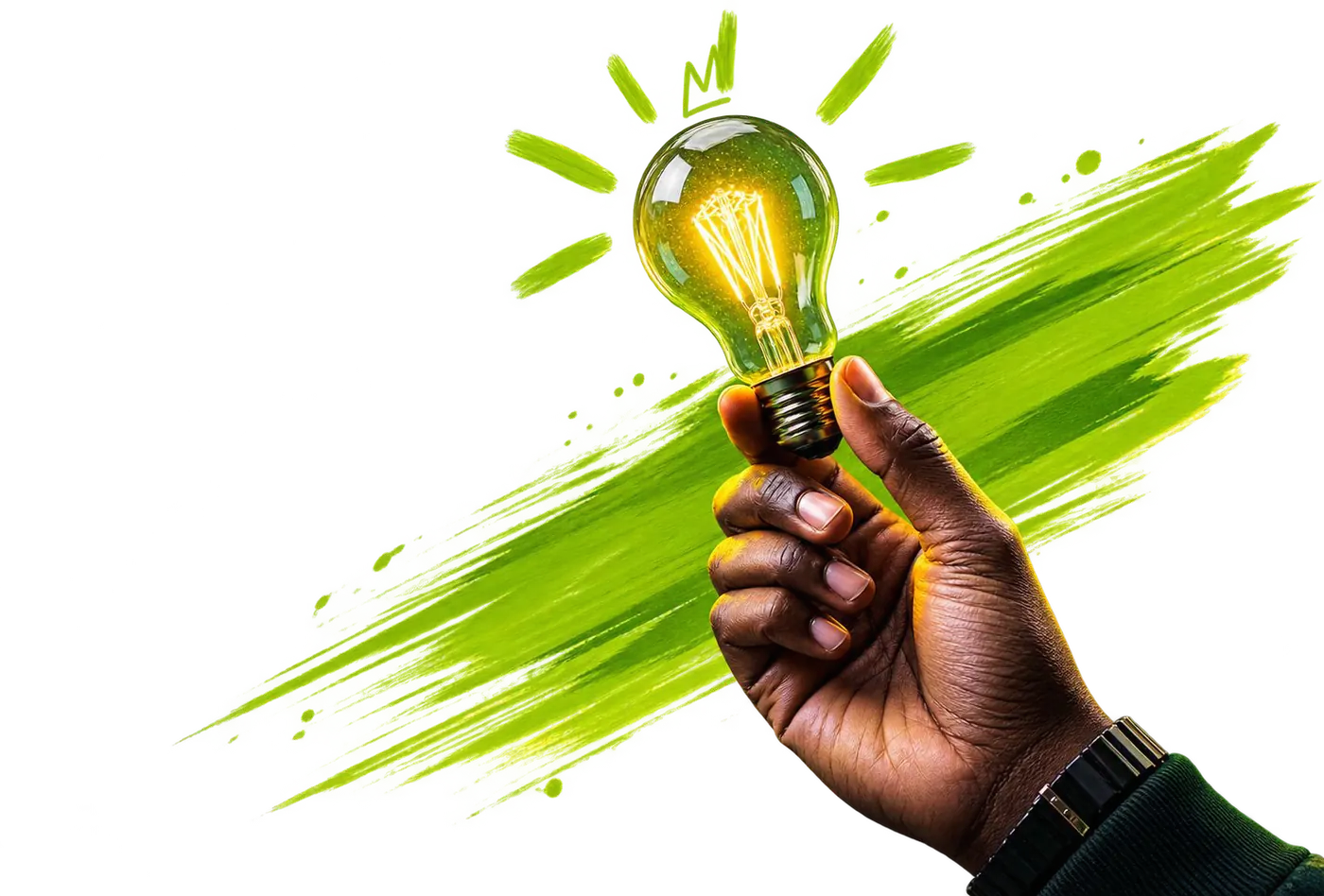 Hand holding a lit bulb
