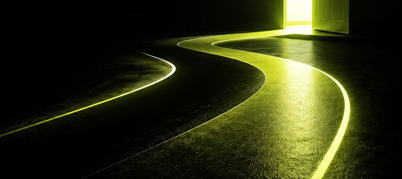 Glowing green path leading to an open door