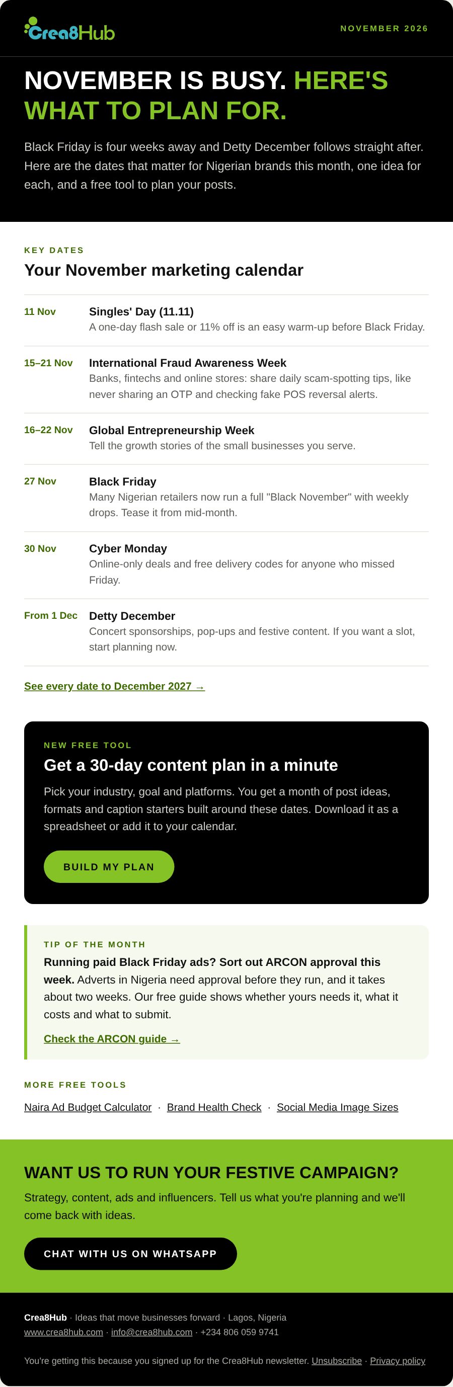 The November 2026 Crea8Hub newsletter: a list of key marketing dates for November with a campaign idea for each, a free tool spotlight and a tip of the month